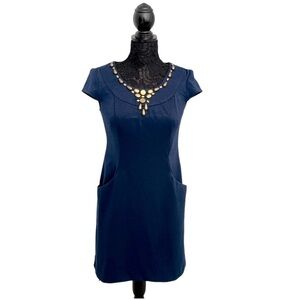 Gorgeous mini dress navy with gold trim - and it has pockets!!! Sz 6